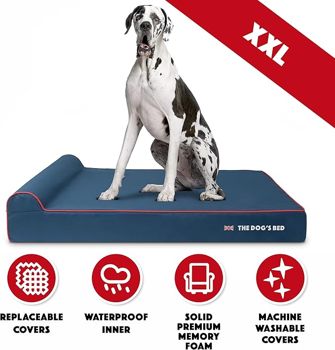 The Dog’s Bed Orthopedic Headrest Dog Bed XXL Blue Oxford with Red Trim UK Flag Dog Bed, Memory Foam, Hip & Elbow Dysplasia, Post Surgery, Waterproof Washable Cover, Veterinary Approved