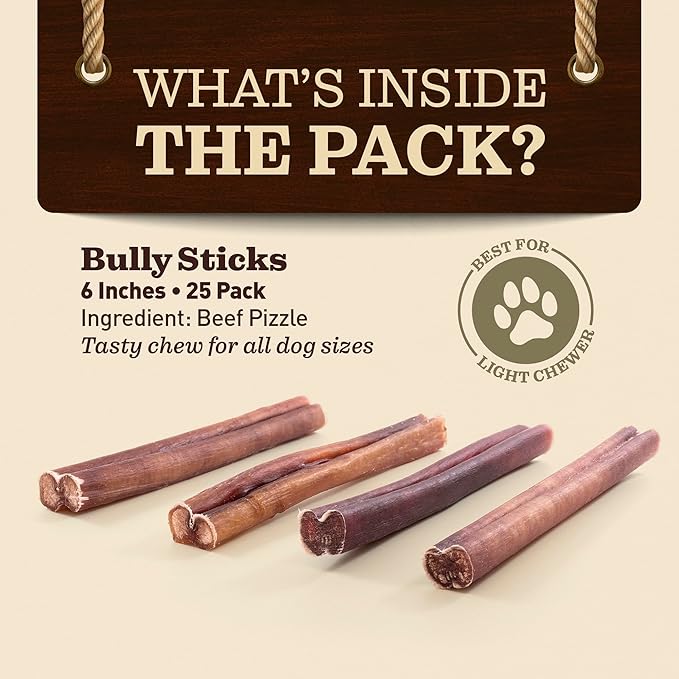 Odor-Free Bully Sticks (6", 25 Pack) – 100% Grass-Fed Beef Pizzle Dog Chews, Fully Digestible & Long-Lasting Dental Treats