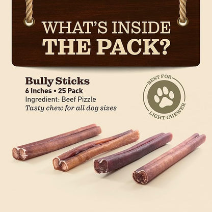 Odor-Free Bully Sticks (6", 25 Pack) – 100% Grass-Fed Beef Pizzle Dog Chews, Fully Digestible & Long-Lasting Dental Treats