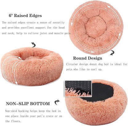 Calming Donut Dogs Beds for Small Dogs Washable,19inch Fluffy Round Puppy Bed for Puppies,Cats & Toy Breeds with Raised Rim,Fits up to 15 lbs Pets,Pink