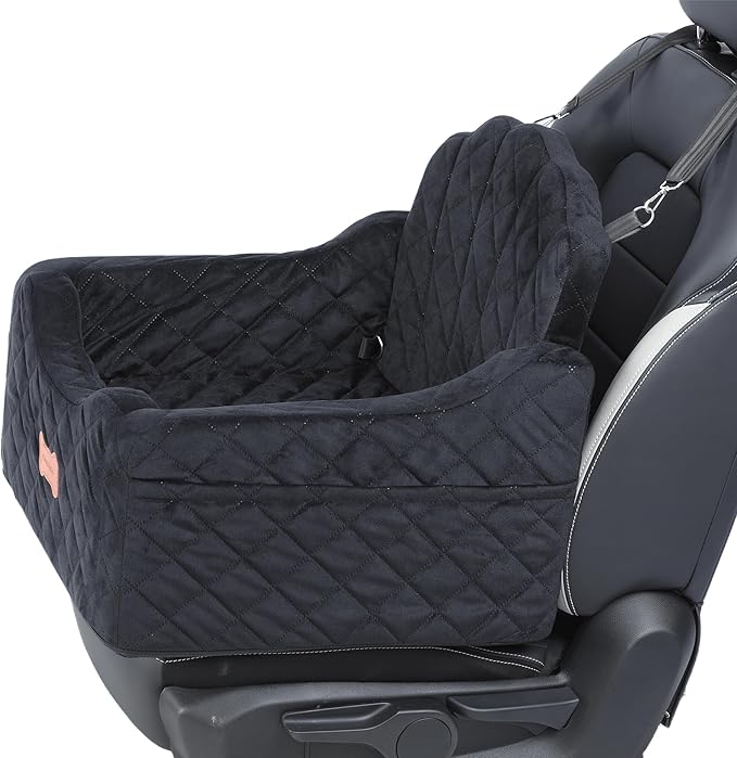 koneboss Dog Car Seat for Small Dogs Under 30lbs, Detachable Washable Pet Booster Seat with Safety Belt & Storage Pockets, Travel Car Bed, Black/Grey