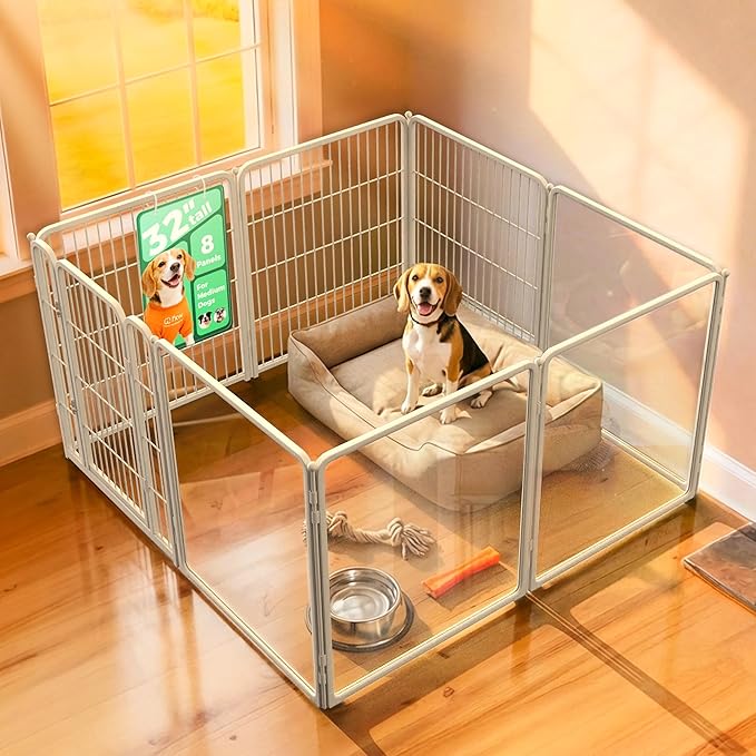 FXW Acrylic & Wire Mesh Indoor Dog Playpen, Heavy Duty 32 Inch 8 Panels Metal Dog Pen for Small and Medium Dogs, White│Patented