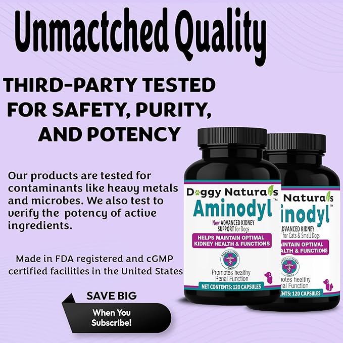Aminodyl™ Kidney Support Supplement 400mg for Cats & Small Dogs - Supports Natural Kidney Function with Amino Vastly Promotes Health, Wellbeing & Vitality of Kidneys - 120 Sprinkle Capsules. U.S.A