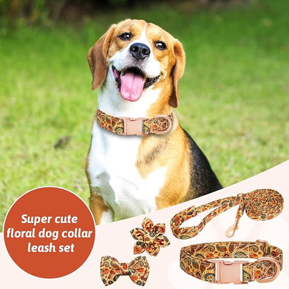 Dog Collar and Leash Set Girls Adjustable Puppy Collars with Floral Bow Tie for Small Medium Large Female Dogs, Orange Paisley, XS