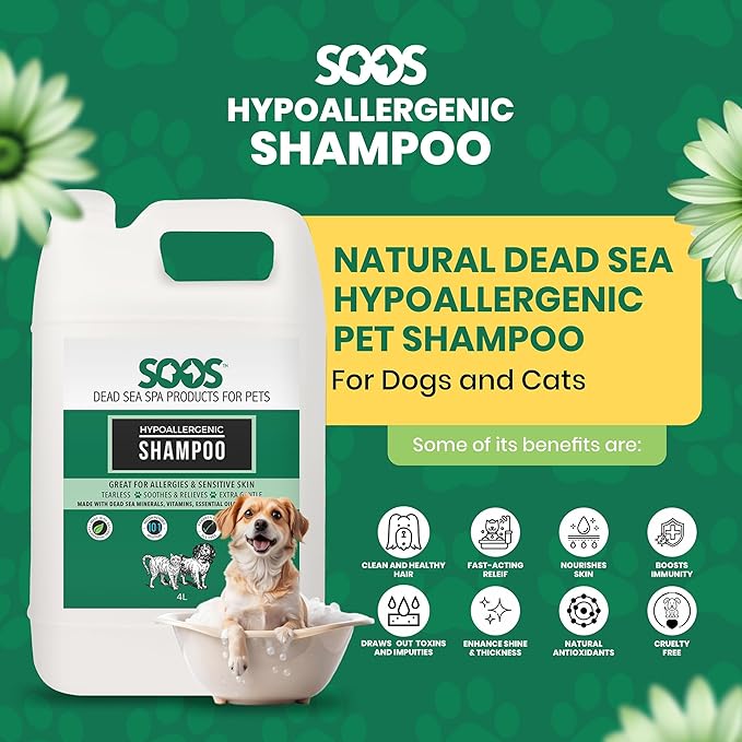 Soos Pet Shampoo Hypoaller-genic Natural Dead Sea Minerals Fast Absorbing with Vitamins Essential Oils Natural Elements for Dogs and Cats - 1x Pet Shampoo (4L)