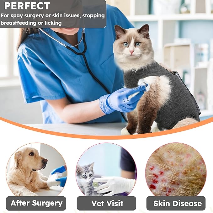Hpetppy Cat Recovery Suit for Spay Abdominal Wounds, Kitten Onesie Bodysuit for Cats After Surgery, Cat Surgery Recovery Suit Female Cone of Shame Alternative for Cats Anti Licking (Dark Grey,S)