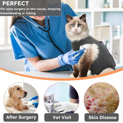 Hpetppy Cat Recovery Suit for Spay Abdominal Wounds, Kitten Onesie Bodysuit for Cats After Surgery, Cat Surgery Recovery Suit Female Cone of Shame Alternative for Cats Anti Licking (Dark Grey,S)