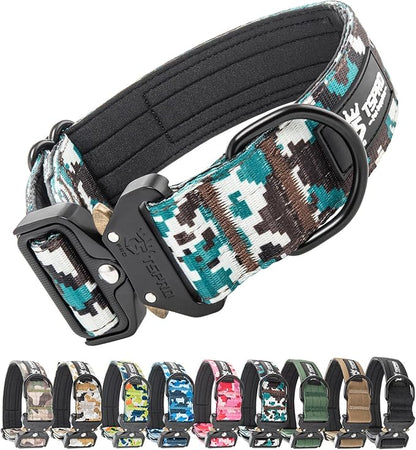 TSPRO Premium Dog Collars Tactical Dog Collar with Patch and Heavy Duty Quick-Release Metal Buckle Durable Thick and Adjustable for Medium to Large Dogs (Camo Cyan L)