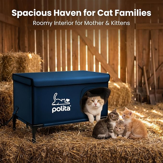 Polita Indestructible Heated Cat House for Outdoor Cats in Winter, Extremely Insulated & 100% Weatherproof, Elevated Feral Cat Shelter with Waterproof Eaves & Safe Escape Door for Stray & Barn Cats