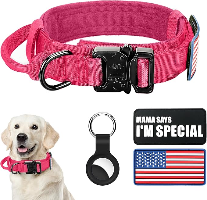 Tactical Dog Collar Military Dog Collar Adjustable Nylon Dog Collar Heavy Duty Metal Buckle with Handle for Dog Training,with Patches(Pink(1PCS), M)