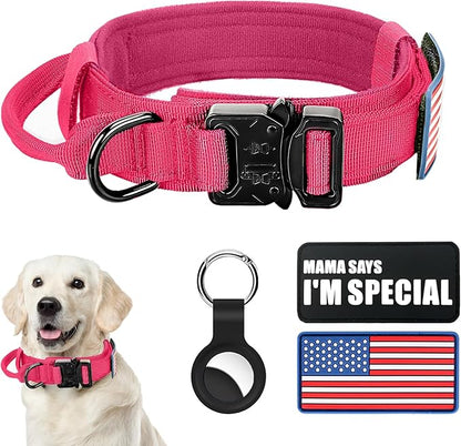 Tactical Dog Collar Military Dog Collar Adjustable Nylon Dog Collar Heavy Duty Metal Buckle with Handle for Dog Training,with Patches(Pink(1PCS), M)