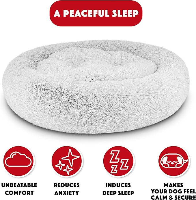The Dog's Bed Sound Sleep Donut Dog Bed, Ice White Fur XL, Veterinary Approved