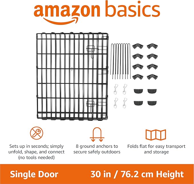 Amazon Basics Foldable Octagonal Metal Exercise Dog Playpen - Indoor/Outdoor, Single Door, Small (8 Panels, 24 x 30), Easy to assemble and store, 30" - Small, , Black