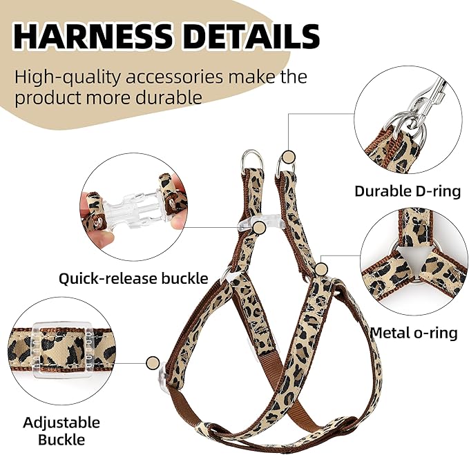 Mile High Life Leopard Dog Harness Collar Leash Set, Adjustable No Pull Dog Halter Harness for Small Breed Dogs, Easy Control for Training Walking (Brown, S Chest 11"-18", Neck 10"-14")