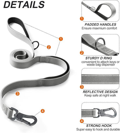 TwoEar 5FT 1IN Strong Gray Dog Leash with 2 Padded Handles, Traffic Handle Extra Control, Comfortable Soft Dual Handle, Auto Lock Hook, Reflective Walking Lead for Small Medium and Large Dogs