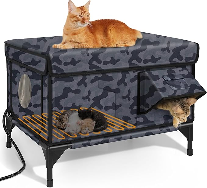 Indestructible Heated Cat House for Outside Winter, 100% Waterproof, Safe Escape Door, Insulated Outdoor Cat Shelter with Heater for Feral Barn Cat Kitty (Black Camouflage, 27"x17"x18")