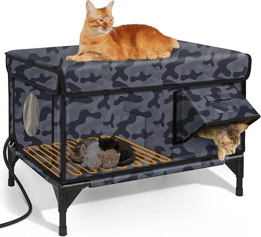 Indestructible Heated Cat House for Outside Winter, 100% Waterproof, Safe Escape Door, Insulated Outdoor Cat Shelter with Heater for Feral Barn Cat Kitty (Black Camouflage, 27"x17"x18")