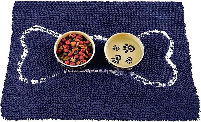 Soggy Doggy Slopmat - Navy Blue/Oatmeal Bone - 18” x 24″ - Water Absorbing Door Mat for Muddy Paws and Food/Water Bowls - Microfiber Chenille Small Doormat - Machine Washable