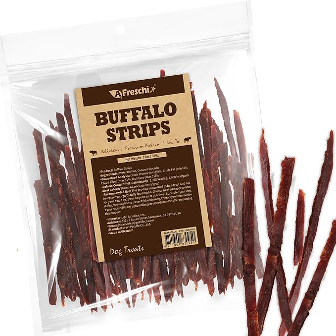 A Freschi srl Buffalo Dog Treats, All-Natural, Hypoallergenic, High Protein, Low Fat, Human Grade Puppy Chews – Healthy Grain-Free Training Treats, 12oz Jerky Strips