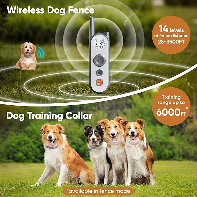 Htcuto 3500 Ft Wireless Dog Fence with 6100Ft Training Remote Collar, 185 Day Battery Rechargeable Electric Fence System, IPX7 Water Resistant, Use for Dogs*Grey