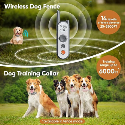 Htcuto 3500 Ft Wireless Dog Fence with 6100Ft Training Remote Collar, 185 Day Battery Rechargeable Electric Fence System, IPX7 Water Resistant, Use for Dogs*Grey