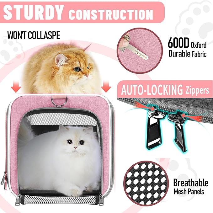 GAPZER Cat Carrier 20lbs Top Open/Soft Sided Small Pet Dog Travel Carrying Crate/Collapsible Puppy Transport Carry Bag/Sturdy Pet Cages Chihuahuas Mini Dog 10lbs Pink