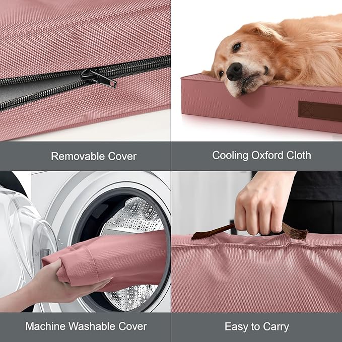 Tail Stories Outdoor Large Washable Dog Bed, Orthopedic Egg Crate Foam Dog Crate Mat for Large Dogs with Removable Oxford Cooling Cover, Pink