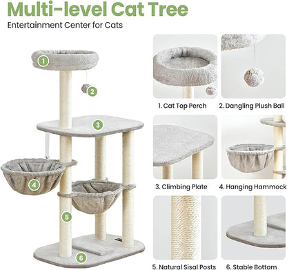 Small Cat Tree Tower with Scratching Post Condo Indoor - 42 Inch Cats Bed Hammock Perch for 2 Corner Cats Large Adult - Medium Short Compact Multi Level Cat House - Tall Climbing Gym Towers Furniture