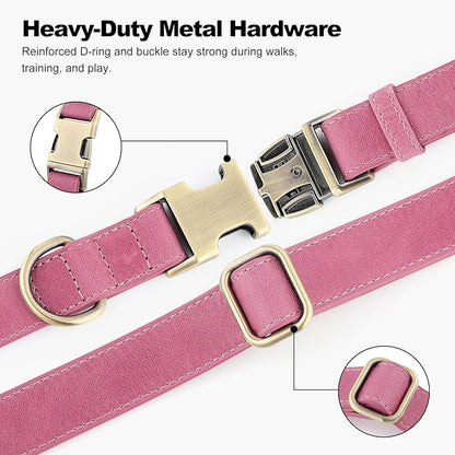 Plutus Pet Genuine Leather Dog Collar – Adjustable Pet Collar with Quick Release Metal Buckle, Soft Real Leather for Small Medium Large Dogs, Heavy Duty & Skin-Friendly (Pink, XS)