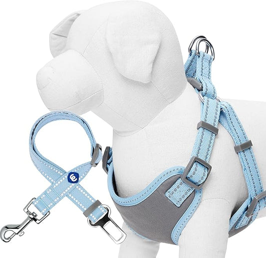 Blueberry Pet Pastel Colored Reflective Dog Harness with Seatbelt Clip – Adjustable No-Pull Pet Vest for Walking and Car Safety, Small Size in Baby Blue