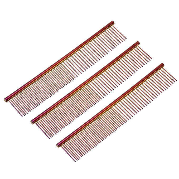 PETAXCELL Dog Cat Comb, Pet Combs Stainless Steel Teeth with Rounded Ends for Knots Mats Loose Hair Removal, 7.5IN (Purple Plated, 3 Pack), Grooming Tool Intended for Long Curly Hair Pet