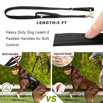WINSEE Tactical Dog Harness with Dog Leash, Dog Collar, Service Working MOLLE Vest with 10 Pet Patches for Large Dog, No Pull Military Harness and Backpack with Airtag Holdler