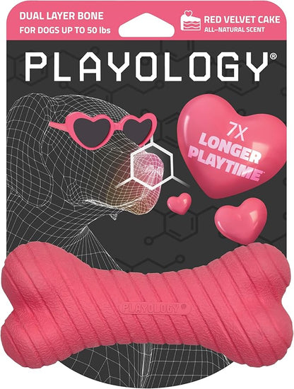 Playology Dog Toys | Dual Layer Bone Durable Chew Toy Bone for Dogs | Medium Red Velvet Cake Scented Toy - Limited Edition Valentine's Day Scent | Easy to Clean and Made from Non Toxic Materials
