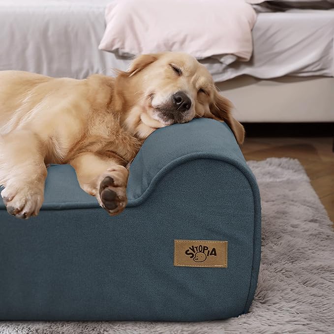 Sytopia XXL Memory Foam Dog Bed, 7 Inch Thick Extra Large Orthopedic Couch for Senior Dogs Over 100 Pounds, Water Resistant and Washable Cover, Liner, Blue Grey