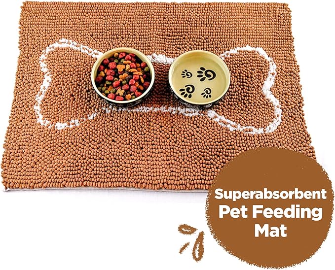 Soggy Doggy Slopmat - Caramel Brown/Oatmeal Bone - 18” x 24″ - Water Absorbing Door Mat for Muddy Paws and Food/Water Bowls - Microfiber Chenille Small Doormat - Machine Washable