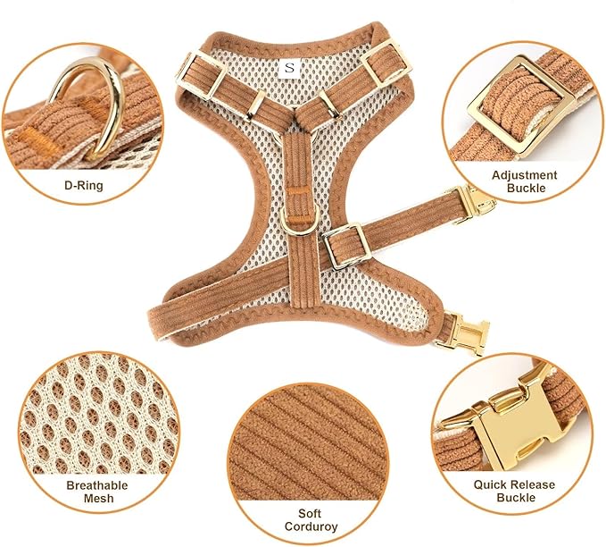 Didog Cute Small Dog Harness Collar and Leash Set with Bowtie, Breathable Soft Mesh Padded Puppy Harness, Dog Harness for Small Dogs Daily Walks Parties, Holiday Gatherings & Gifts, Brown, S