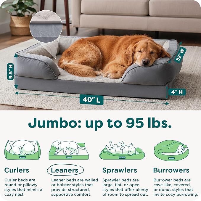 Furhaven Memory Foam Dog Bed for Large Dogs w/ Removable Bolsters & Washable Cover, For Dogs Up to 95 lbs - Plush & Velvet Waves Perfect Comfort Sofa - Granite Gray, Jumbo/XL