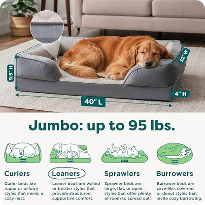 Furhaven Memory Foam Dog Bed for Large Dogs w/ Removable Bolsters & Washable Cover, For Dogs Up to 95 lbs - Plush & Velvet Waves Perfect Comfort Sofa - Granite Gray, Jumbo/XL