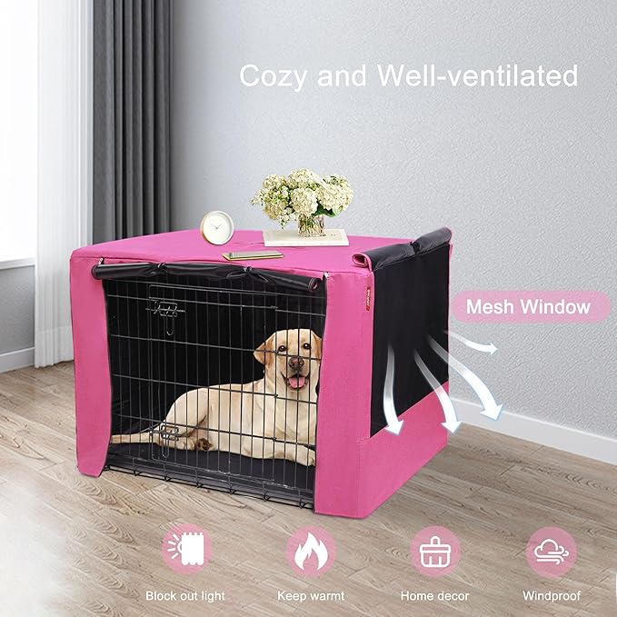 HiCaptain Breathable Dog Crate Cover 24 Inch, Durable Heavy Duty Kennel Cover, Dual Zippered Panels, Windproof Waterproof UV-Resistant (Pink)