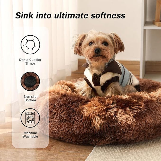 NOYAL Calming Donut Dog Bed for Small to Medium Dogs & Cats - Plush Faux Fur Anti-Anxiety Pet Bed with Machine Washable Cover & Non-Slip Base