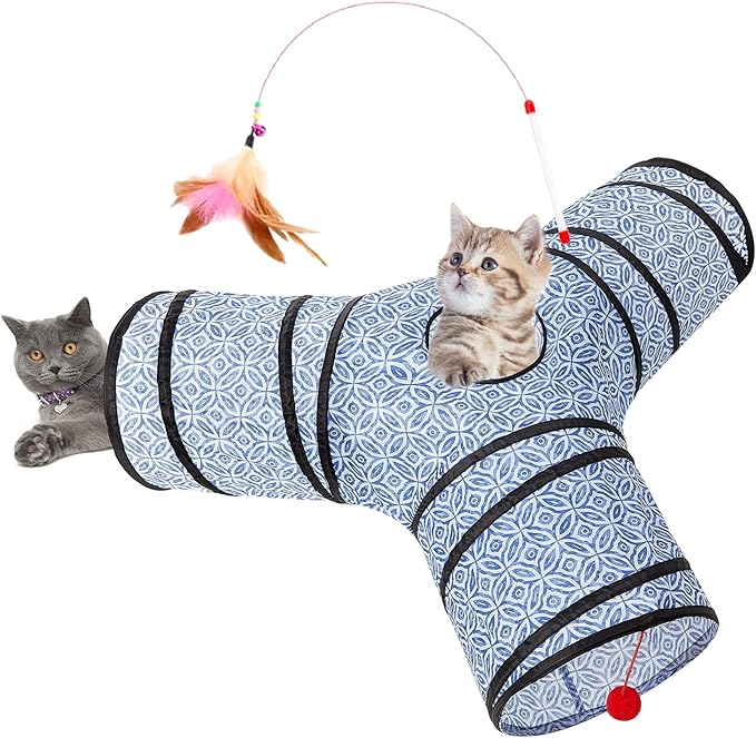Tempcore 3 Way Collapsible Cat Tunnel for Indoor Cats, Pet Tunnel Bored Toys with Peek Hole & Ball for Puppy, Kitty, Kitten, Rabbit, Blue-Coin