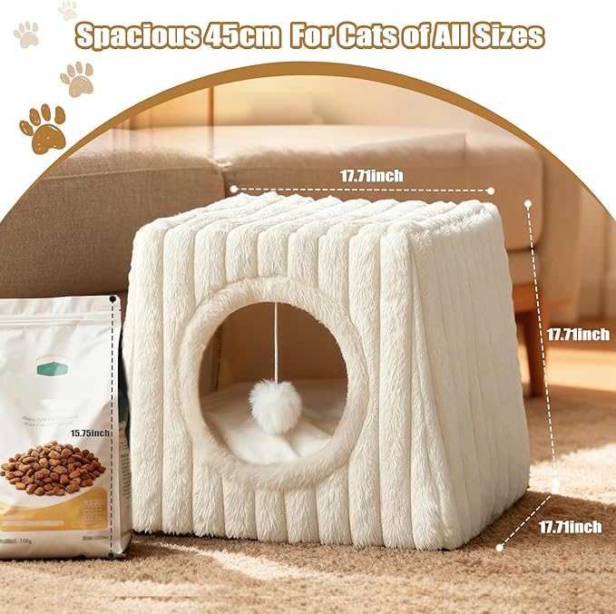 Indoor Cat House - Large Cat Bed Cave with Fluffy Balls and Scratch Pads, Foldable House and Apartment with Pads, Suitable for Multiple Cats(White, Large)