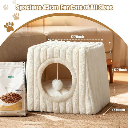 Indoor Cat House - Large Cat Bed Cave with Fluffy Balls and Scratch Pads, Foldable House and Apartment with Pads, Suitable for Multiple Cats(White, Large)