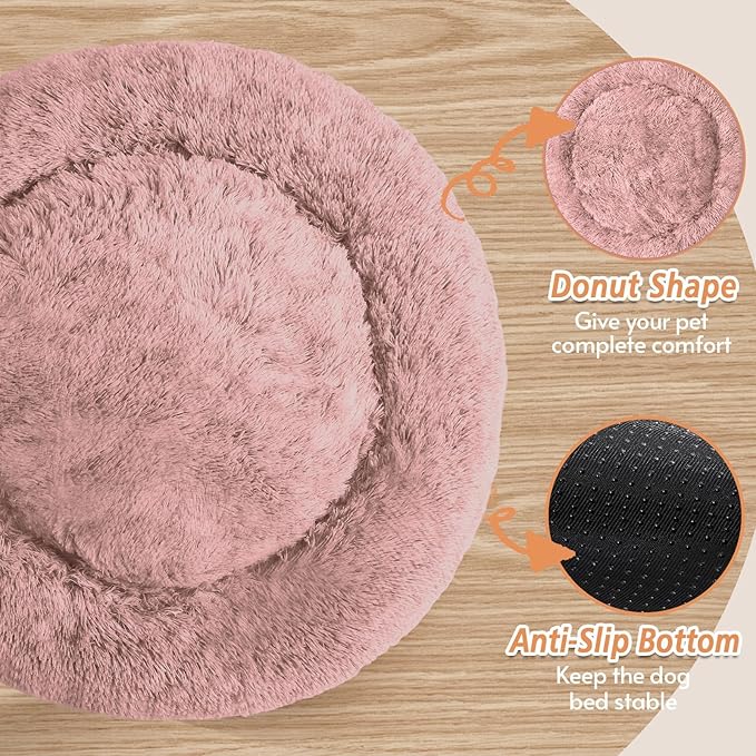 JOLLYVOGUE Calming Dog Bed Medium Size Dog, Anti-Anxiety Donut Medium Pet Bed, 27 inches Fluffy Faux Fur Round Cat Bed (Dark Pink)
