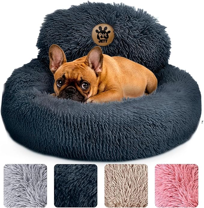 PetJett Calming Small Dog Bed - 23'' Round Dog Beds, Anti-Slip & Washable Puppy Bed - Super Soft Fluffy Plush Faux Fur Pet Bed, Anti-Anxiety Premium Comfort Donut Bed, Fits Dogs upto 25 lbs, Dark Gray