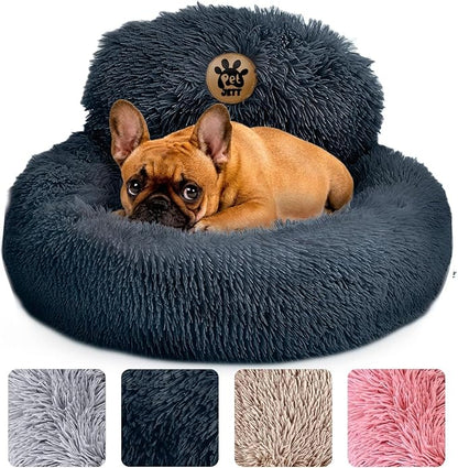 PetJett Calming Small Dog Bed - 23'' Round Dog Beds, Anti-Slip & Washable Puppy Bed - Super Soft Fluffy Plush Faux Fur Pet Bed, Anti-Anxiety Premium Comfort Donut Bed, Fits Dogs upto 25 lbs, Dark Gray