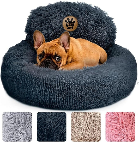 PetJett Calming Small Dog Bed - 23'' Round Dog Beds, Anti-Slip & Washable Puppy Bed - Super Soft Fluffy Plush Faux Fur Pet Bed, Anti-Anxiety Premium Comfort Donut Bed, Fits Dogs upto 25 lbs, Dark Gray