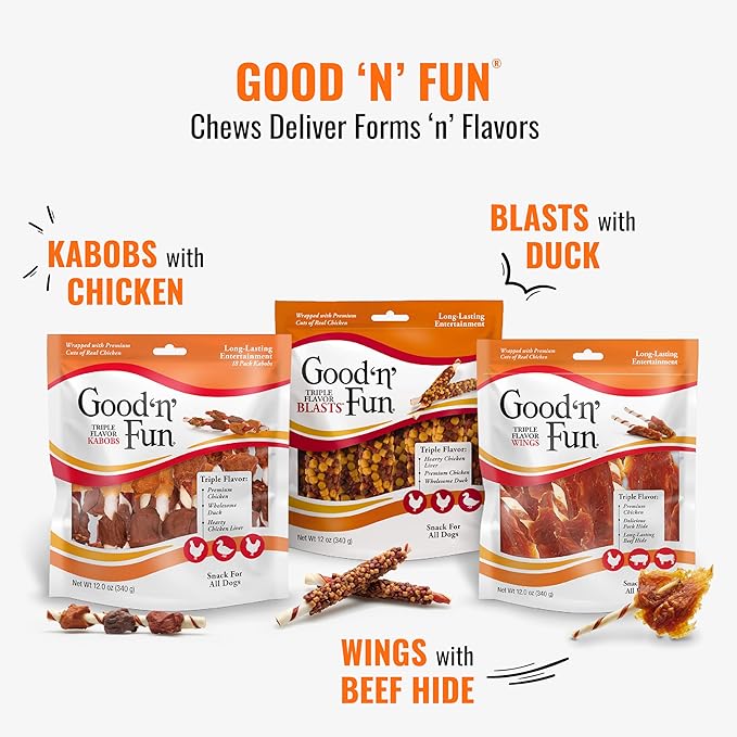 Good ‘n’ Fun Triple Flavor Chews for Large Dogs, Treat Your Dog to Long-Lasting Chews Made with Beef Hide, Chicken and Artificial Pork Flavor, 2 Count