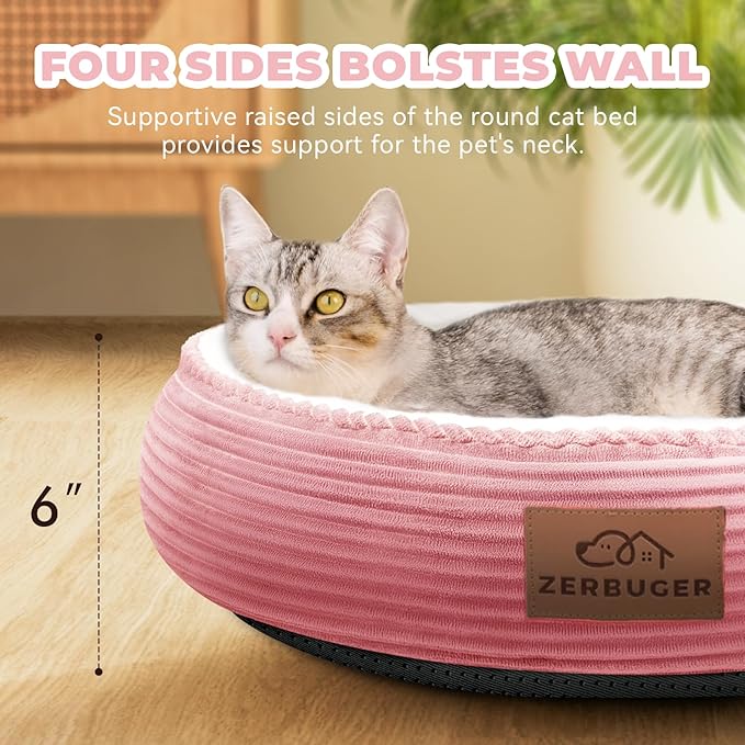 Zerbuger 20in Washable Cat Beds for Indoor Cats - Round Donut Pet Bed for Cats, Small Dogs, Puppy, Kitten - Anti-Slip Bottom, Calming Bed Gift - Pink