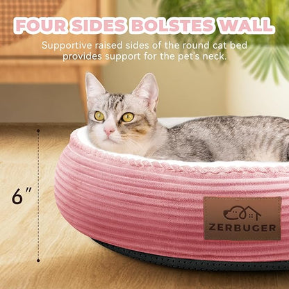 Zerbuger 20in Washable Cat Beds for Indoor Cats - Round Donut Pet Bed for Cats, Small Dogs, Puppy, Kitten - Anti-Slip Bottom, Calming Bed Gift - Pink